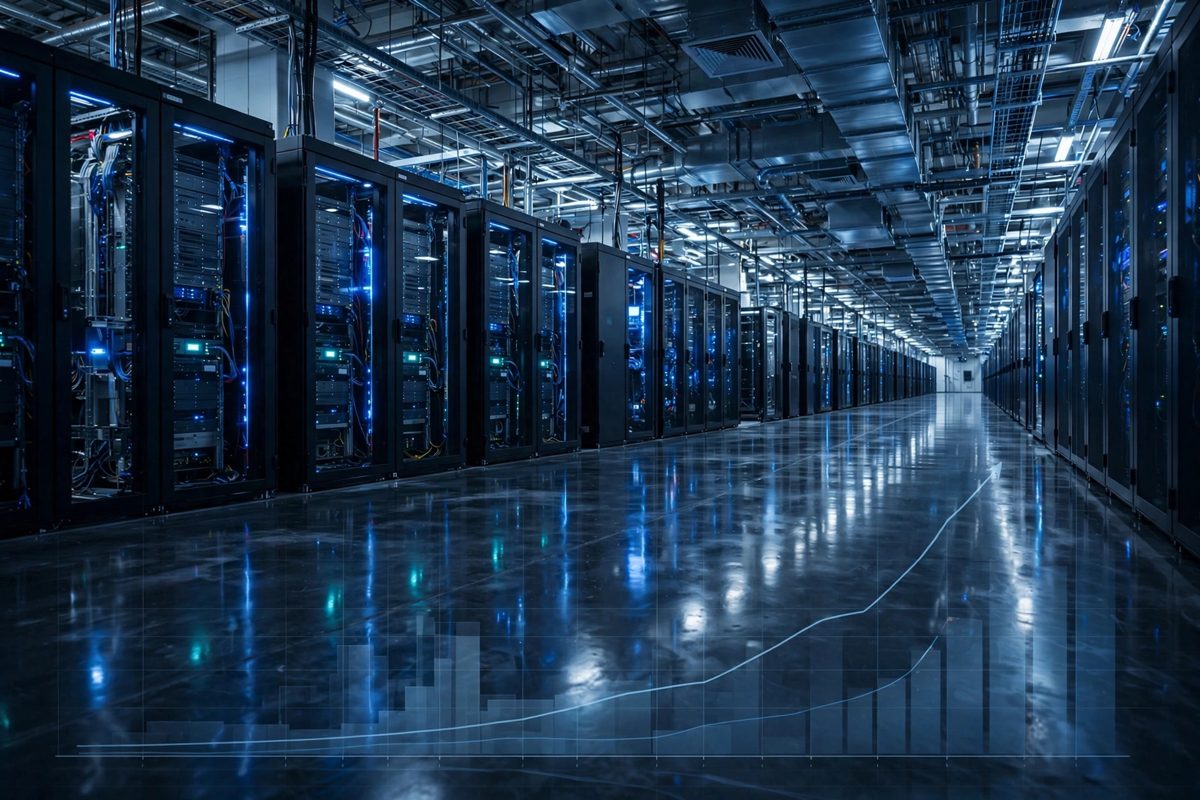 AI Data Centre Spending Is Outpacing Revenue: Why the Maths Matters for Markets Inside a modern AI data centre with rows of illuminated server racks